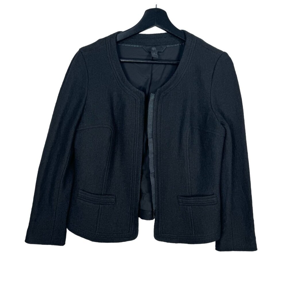 Banana Republic Boucle Collarless Blazer Jacket Round Neck Wool Blend Black Sz 8